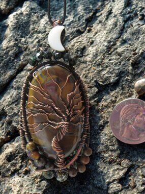 Handmade Wire Wrapped Tiger Eye Tree of Life Pendant, Tiger Eye, Lava stone